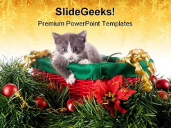 Kitty In Christmas Basket Animals PowerPoint Template 1010